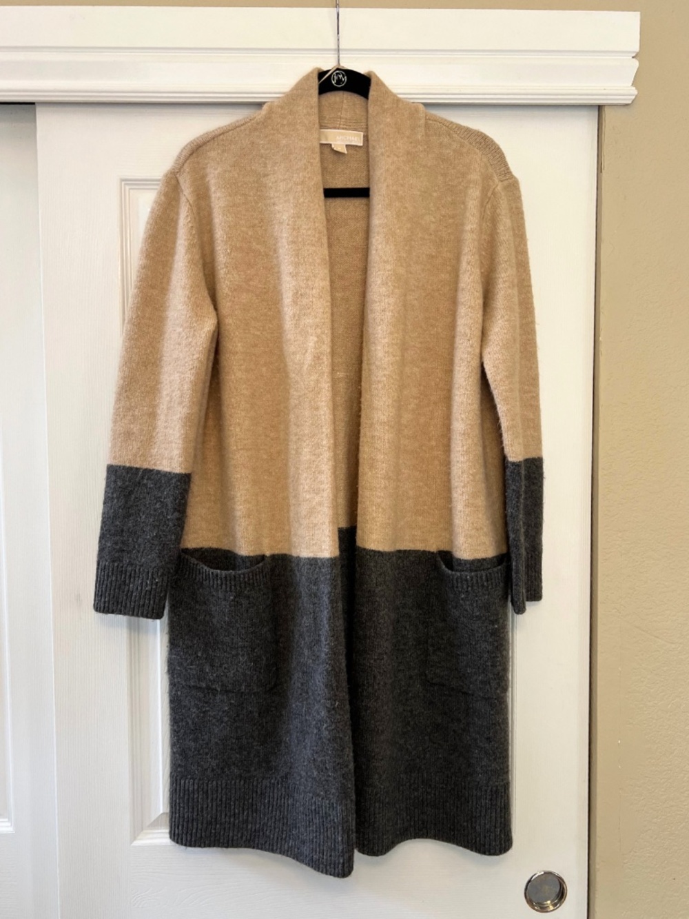 Michael Kors Long Open Duster Cardigan Camel Gray Colorblock Sweater, Women's M